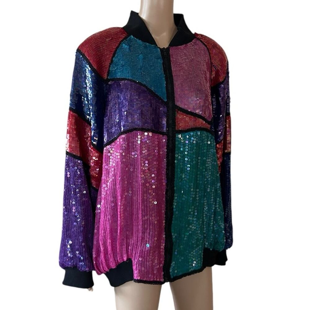 Stunning VTG 80s Erica Louis Bomber Jacket Women XL Sequin Colorblock Silk Lined